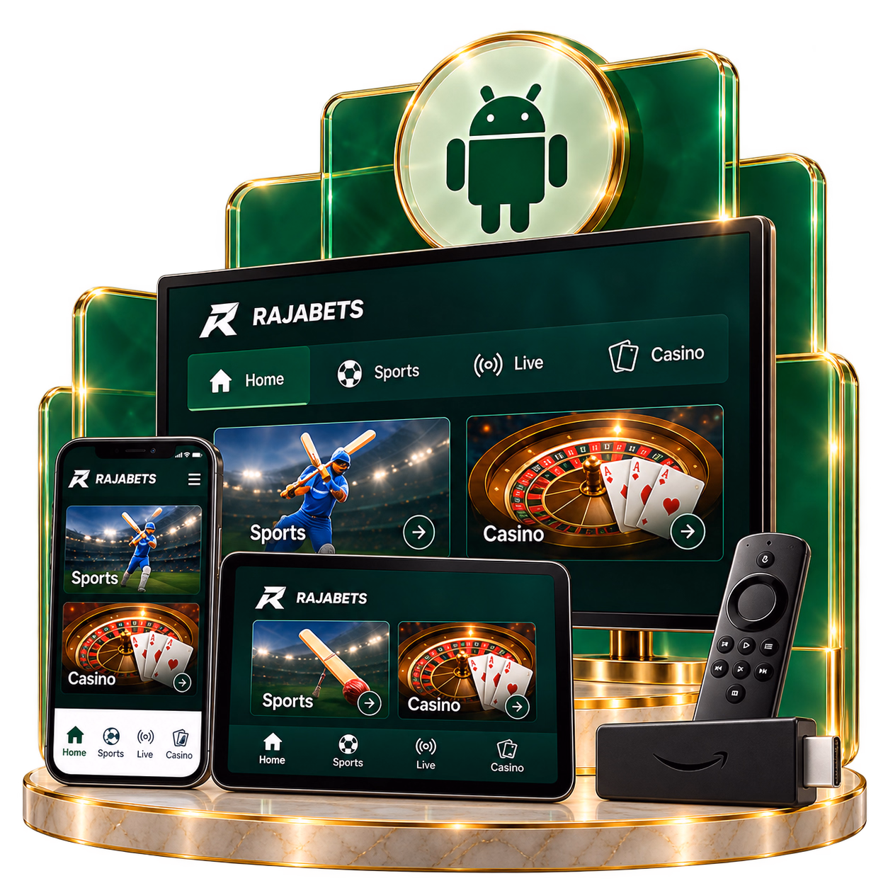 Rajabets App supported devices: Android Smart TV, Tablet, Smartphone, and Firestick on marble base