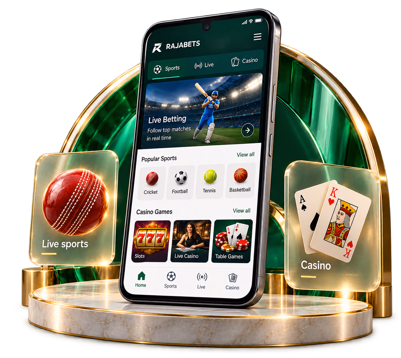 Rajabets Android application showcase on smartphone with live cricket and casino games
